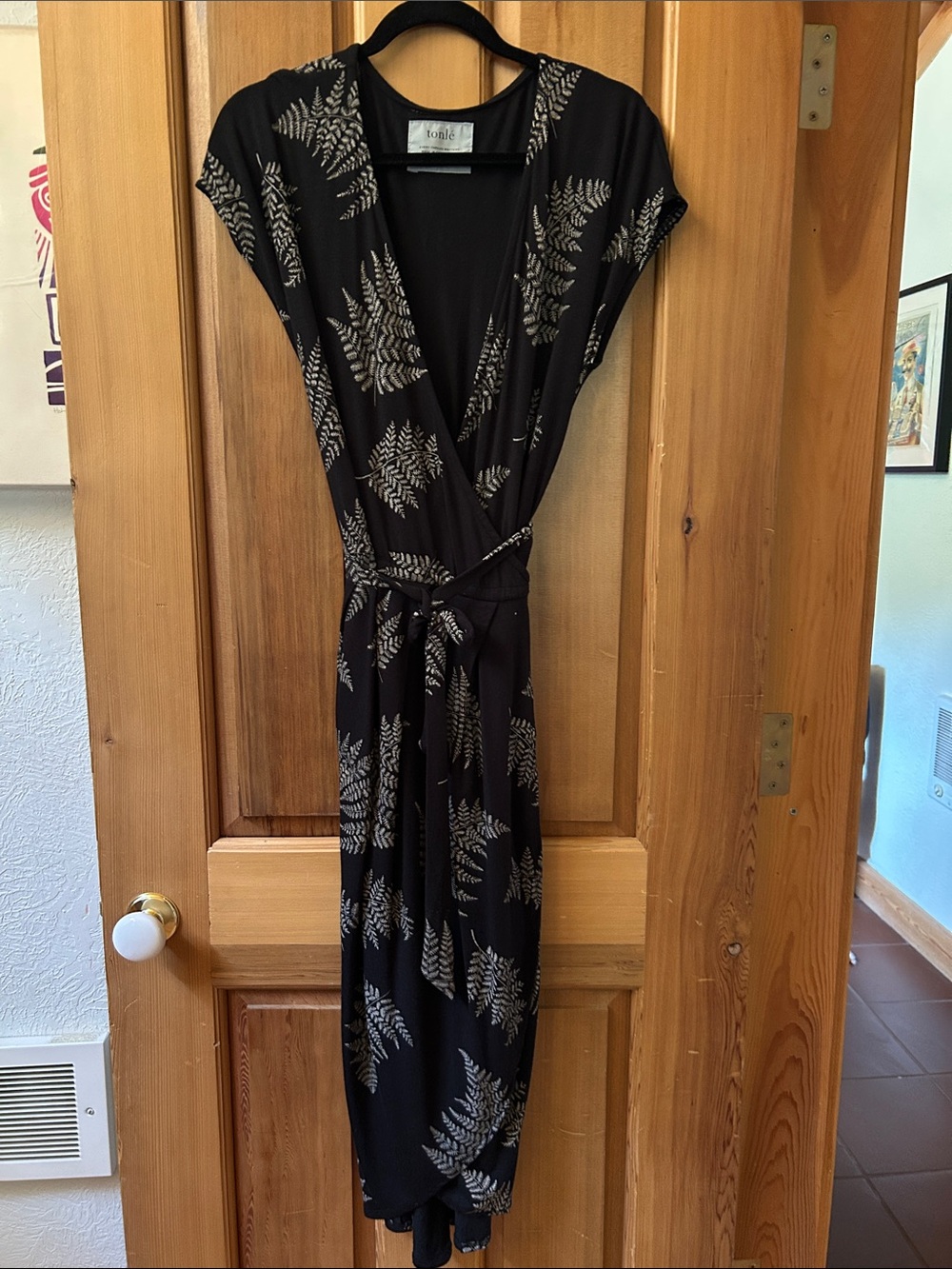 tonle Black Maxi Wrap Dress with Cream Fern Print
